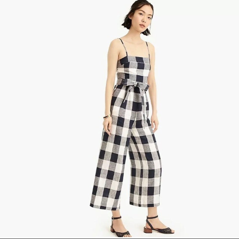J Crew Womens Gingham Linen Jumpsuit Sleeveless 8